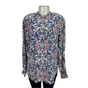 First Issue Womens Floral Silk Blouse Long Sleeve Indigo Red Beige Size L